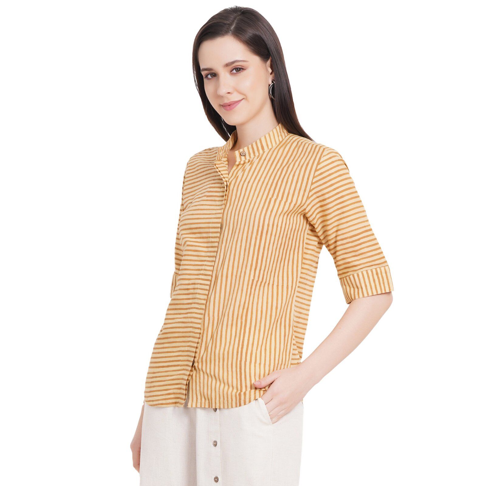 Mrima hand-block 3/4 sleeve shirt organic cotton | Gul bahar - Image 1