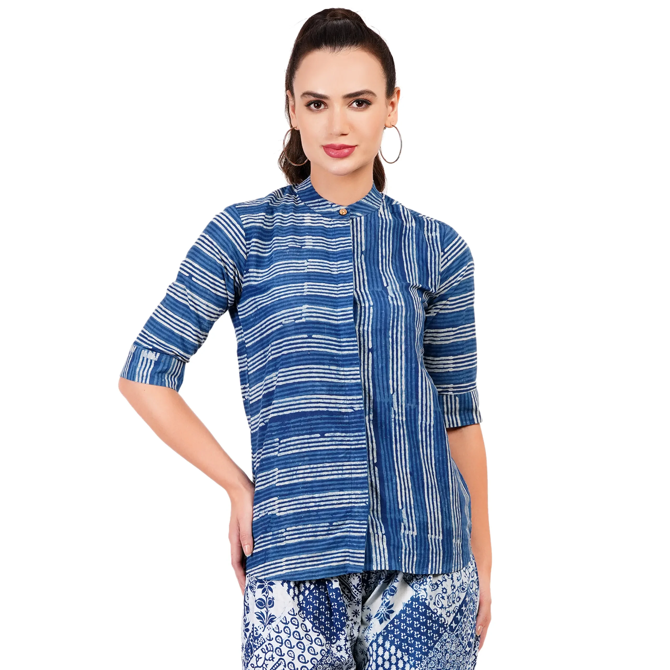 Mrima Indigo 3/4 sleeve shirt organic cotton | Salvia - Image 1