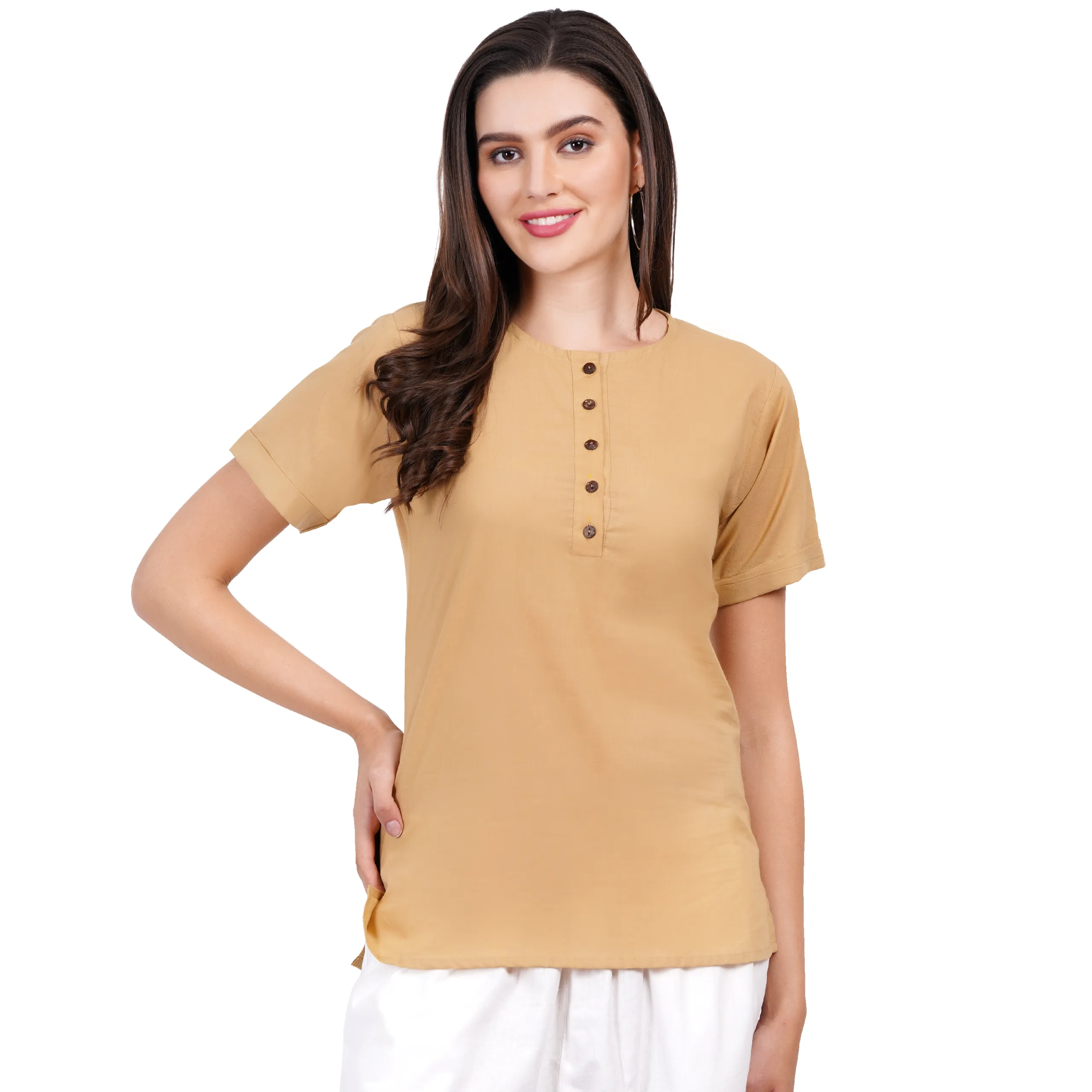MriMa cotton Nehru Collar Top | Sunehri - Image 1